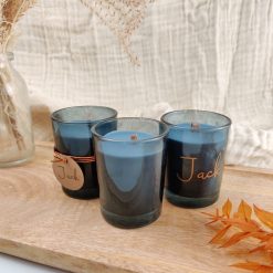 Geurkaarsje met houten wiek - silver blue